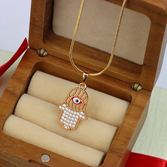 "Rose Gold Hamsa Hand Pendant with Evil Eye and Sparkling Stones, XPPT1386 - Picture 2 of 13
